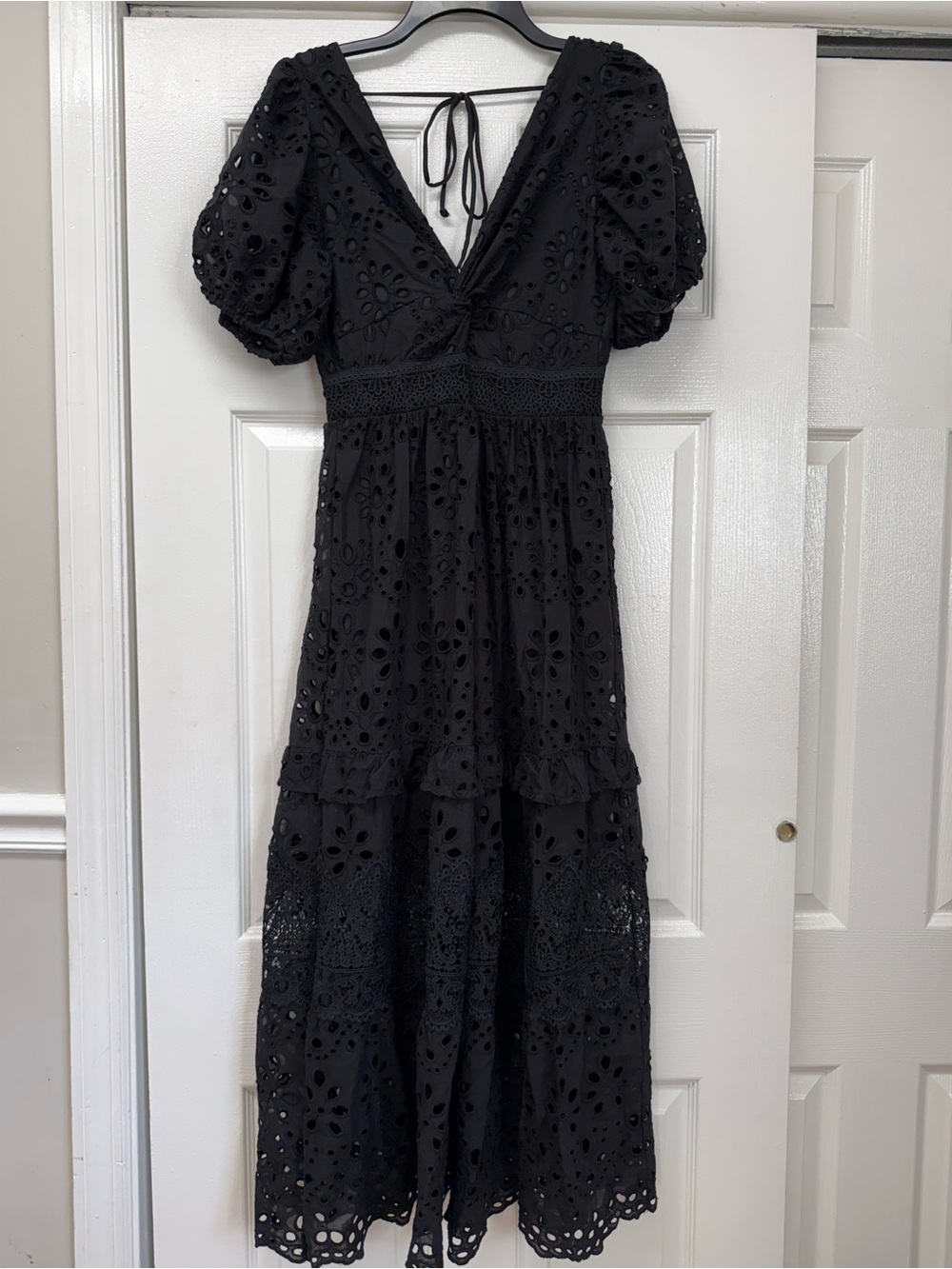 Black Eyelet Midi Dress with Puff Sleeves